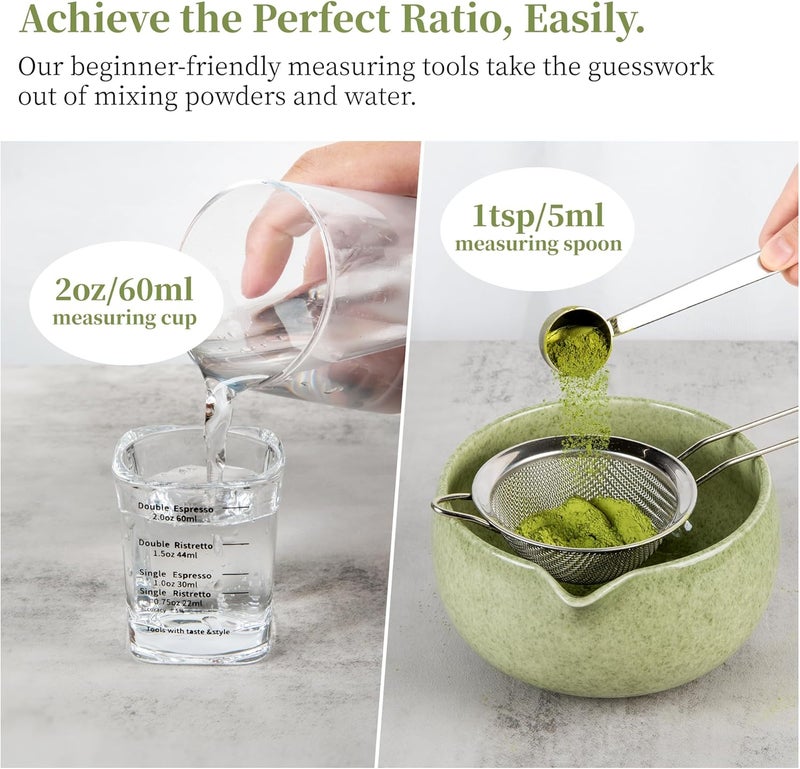 YIBO Matcha Whisk Set With Bowl, Ceramic Matcha Making Kit Includes Bamboo Whisk (Chasen), Holder Stand, Powder Starter Sifter, Scoop, Measuring Spoon & Cup Tea Tools For Ceremony (Mottled Green) - Image 3